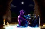  2019 amira_(mlp) anthro anthrofied bludraconoid blue_body blue_eyes blue_scales breasts candle candlestick canon_x_oc dated digital_media_(artwork) dragon duo embrace equid equine eye_contact female friendship_is_magic hair hasbro horse hot_tub kiss_on_lips kissing looking_at_another male male/female mammal moon multi-horn my_little_pony night partially_submerged purple_body purple_hair scales seraph_(kyogre) signature story story_in_description wings 
