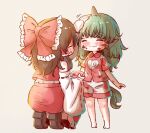  2girls arinu bare_shoulders barefoot blush bow brown_footwear brown_hair closed_eyes closed_mouth cloud_print collared_shirt detached_sleeves green_hair grey_background hair_bow hair_tubes hakurei_reimu headpat highres horns japanese_clothes kariyushi_shirt komano_aunn long_hair multiple_girls nontraditional_miko red_bow red_shirt red_skirt ribbon-trimmed_sleeves ribbon_trim shirt shoes short_sleeves shorts sidelocks simple_background single_horn skirt smile tail touhou valentine white_shorts white_sleeves wide_sleeves 