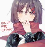  ! 1girl bangs black_sailor_collar black_serafuku blurry brown_eyes brown_hair closed_mouth commentary_request dated english_text enpera hair_between_eyes hair_ornament hairclip hand_to_own_mouth happy_birthday kagerou_project long_sleeves looking_at_viewer mekakucity_actors muuta04 neckerchief red_scarf sailor_collar scarf school_uniform serafuku simple_background sleeve_cuffs smile solo tateyama_ayano upper_body white_background white_neckerchief 