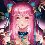  1girl ahri_(league_of_legends) animal_ears artist_name bangs bell bow commentary_request detached_collar fox_ears fox_girl gradient_background green_bow green_eyes green_ribbon hair_bell hair_bow hair_ornament highres league_of_legends long_hair neck_ribbon pink_hair ribbon saikayo signature smile solo spirit_blossom_ahri teeth 