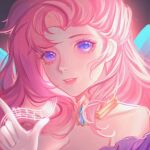  1girl bangs bare_shoulders blue_eyes breasts cleavage collarbone commentary_request detached_collar gem hand_up heart heart-shaped_pupils highres index_finger_raised league_of_legends long_hair looking_at_viewer pink_hair portrait saikayo seraphine_(league_of_legends) solo symbol-shaped_pupils teeth 