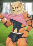  abs absurd_res anthro arcanine balls_outline blue_eyes bulge canid canine clothed clothing clothing_lift detailed_bulge fur generation_1_pokemon genital_outline hi_res male mammal muscular muscular_anthro muscular_male nintendo nipples nsfw_def orange_body orange_fur pecs penis_outline pokemon pokemon_(species) serratus shirt shirt_lift smile solo topwear underwear 