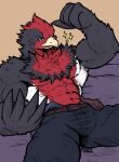  2022 abs absurd_res anthro avian beak bed big_muscles bottomwear clothing feathers flexing fluffy_chest furniture generation_3_pokemon hi_res jwbash layed_down looking_at_viewer male muscular muscular_anthro muscular_male nintendo pecs pokemon pokemon_(species) simple_background smile solo swellow 