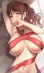  1girl amagami arm_up armpits blush breasts breasts_apart brown_hair chocolate chocolate_on_body completely_nude covered_nipples food_on_body highres large_breasts looking_at_viewer melting nakata_sae nude red_ribbon ribbon serizawa_(serizawaroom) solo twintails upper_body 