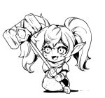  1girl :d bangs fang getting_over_it gloves greyscale hammer holding holding_hammer league_of_legends long_hair looking_to_the_side monochrome phantom_ix_row poppy_(league_of_legends) puffy_short_sleeves puffy_sleeves short_sleeves skin_fang smile solo twintails 