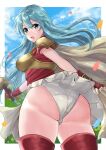  1girl :o aqua_hair armor ass ass_focus blue_eyes border breastplate cape eirika_(fire_emblem) fingerless_gloves fire_emblem fire_emblem:_the_sacred_stones foreshortening gloves holding holding_sword holding_weapon looking_at_viewer looking_back open_mouth panties red_gloves red_shirt red_thighhighs shirt short_sleeves skirt solo sword thighhighs underwear weapon white_border white_panties white_shirt yui_(msy1302mana) 