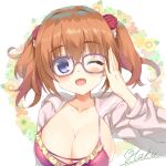  1girl adjusting_eyewear bangs blush bra breasts cafe_stella_to_shinigami_no_chou cleavage collarbone commentary_request floral_background frilled_bra frills glasses hair_between_eyes haku89 hand_up head_tilt jacket large_breasts looking_at_viewer medium_hair one_eye_closed open_clothes open_jacket open_mouth pink_jacket purple-framed_eyewear purple_eyes red_bra sidelocks signature simple_background smile solo sumizome_nozomi twintails underwear upper_body white_background yuzu-soft 
