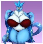  anthro articuno asian_clothing avian bedroom_eyes big_breasts blue_body blue_feathers blush bra breasts clothing east_asian_clothing feathers female generation_1_pokemon genitals hi_res japanese_clothing kimono legendary_pokemon lingerie narrowed_eyes nintendo pokemon pokemon_(species) pussy red_eyes seductive simple_background solo tail thick_thighs translucent translucent_clothing underwear undressing zieis 