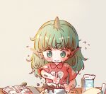  1girl arinu blush book chocolate closed_mouth cloud_print collared_shirt flying_sweatdrops green_eyes green_hair highres horns kariyushi_shirt komano_aunn long_hair mixing_bowl open_book red_shirt shirt short_sleeves single_horn solo touhou valentine 