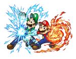  2boys absurdres brothers electricity facial_hair fire full_body highres luigi mario mario_&amp;_luigi:_superstar_saga mario_&amp;_luigi_rpg mario_&amp;_luigi_rpg_(style) mario_(series) multiple_boys mustache official_art siblings transparent_background 