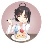  1girl :d absurdres ahoge bangs black_hair blue_jacket blush breasts cake cake_slice closed_eyes closed_mouth commentary elbows_on_table eyes_visible_through_hair food fork fruit hair_bun hand_on_own_cheek hand_on_own_face head_tilt highres hitachi_mako holding holding_fork jacket kaon_zz large_breasts lips long_sleeves parted_bangs plate pov senren_banka shirt short_hair sidelocks simple_background smile solo strawberry tongue tongue_out white_background white_shirt yuzu-soft 