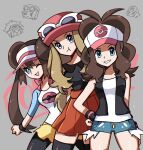  3girls black_pantyhose blue_eyes brown_hair eyewear_on_headwear hat highres hilda_(pokemon) light_brown_hair long_hair looking_at_viewer multiple_girls one_eye_closed open_mouth pantyhose pokemon pokemon_(game) pokemon_bw pokemon_bw2 pokemon_xy red_skirt rosa_(pokemon) serena_(pokemon) shirt short_shorts shorts simple_background skirt sunglasses teeth thighhighs touyarokii white_shirt yellow_skirt 