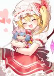 1girl :d bangs blonde_hair blush bow character_doll crystal doll_hug flandre_scarlet happy hat hat_bow heart mob_cap object_hug one_side_up open_mouth petticoat puffy_short_sleeves puffy_sleeves red_bow red_vest remilia_scarlet short_sleeves simple_background smile solo touhou vest white_background white_headwear wings wohinya wrist_cuffs 