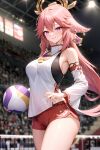  1girl adapted_costume ai-generated basketball_uniform breasts detached_sleeves genshin_impact highres large_breasts looking_at_viewer parted_lips self-upload smile solo sportswear tagme volleyball_ball yae yae_miko 