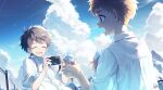  2boys bishounen blue_sky brown_hair buttons camera child closed_eyes cloud collared_shirt food highres holding holding_camera ice_cream koe_(mixpi) male_child male_focus multiple_boys open_mouth original petals school_uniform shirt short_hair sky smile soft_serve sweat 