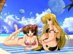  :d armband ass back bangs bardiche barefoot beach beach_towel beads bikini black_bikini blonde_hair blue_eyes blue_sky blurry blush breast_hold breasts brown_hair butt_crack cleavage cloud cloudy_sky cooler crossed_legs day depth_of_field eyewear_on_head fate_testarossa feet flower flying from_behind front-tie_bikini front-tie_top gem hibiscus higa_yukari high_ponytail highres holding index_finger_raised large_breasts legs_up long_hair looking_at_viewer looking_back lowleg lowleg_bikini lying lyrical_nanoha mahou_senki_lyrical_nanoha_force moon multiple_girls multiple_moons ocean official_art on_stomach open_mouth outdoors palm_tree parted_bangs pink_bikini print_bikini purple_eyes raising_heart rock side-tie_bikini side_ponytail sitting skindentation sky smile soles string_bikini striped sunglasses swimsuit takamachi_nanoha thigh_strap towel tree underboob very_long_hair water wings 