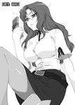  belt breasts cellphone greyscale kiryuu_moeka large_breasts long_hair monochrome panties panties_under_pantyhose pantyhose pencil_skirt phone shichimenchou simple_background skirt solo steins;gate thighs underwear upskirt 