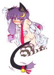  animal_ears bell between_legs blush cat_ears cat_tail crescent crescent_hair_ornament flat_chest hair_ornament highres jingle_bell kemonomimi_mode long_hair narumiya patchouli_knowledge purple_eyes purple_hair ribbon solo tail tail_bell tail_between_legs tail_ribbon thighhighs touhou 