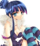  alternate_hairstyle black_dress blue_eyes breasts cleavage dress formal hair_up kaibundou medium_breasts multicolored_hair panty_&amp;_stocking_with_garterbelt solo stocking_(psg) striped striped_legwear thighhighs two-tone_hair 