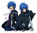  blue_hair chitose_koromo coat dual_persona fairy_tail jellal_fernandes looking_down lowres multiple_boys mystogan_(fairy_tail) open_mouth poncho simple_background sketch spoilers tattoo 