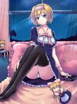  absurdres akimoto alice_margatroid black_legwear blonde_hair blue_eyes book breasts curtains doll hairband highres large_breasts night night_sky panties pantyshot pantyshot_(sitting) ribbon shanghai_doll shooting_star short_hair sitting sky solo star thighhighs touhou underwear window 