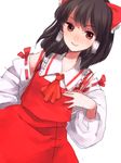  74_(teduka) bad_id bad_pixiv_id black_hair bow brown_eyes detached_sleeves dutch_angle face hair_bow hakurei_reimu hand_on_own_chest hands lips no_nose red_eyes sketch smile solo touhou 