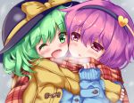 2girls :o ;d arm_up black_hat blue_coat blush breath cheek-to-cheek cold duffel_coat eyebrows_visible_through_hair green_eyes green_hair grey_background hair_between_eyes hairband hat hat_ribbon heart holding_scarf hug komeiji_koishi komeiji_satori looking_at_another multiple_girls one_eye_closed open_mouth pink_eyes plaid plaid_scarf purple_hair ribbon scarf shared_scarf short_hair siblings sisters sleeves_past_wrists smile touhou unory upper_body winter yellow_coat 