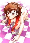  all_fours barefoot bent_over blush brown_hair checkered checkered_floor female_protagonist_(persona_3) food hair_ornament hairclip mouth_hold naked_scarf nude persona persona_3 persona_3_portable perspective pocky red_eyes scarf segami_daisuke solo 