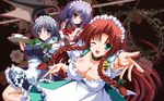  alternate_costume apron aqua_eyes bat_wings blue_eyes blush bow braid breasts choker cleavage enmaided forehead foreshortening grey_hair hair_bow highres hong_meiling izayoi_sakuya large_breasts long_hair maid maid_headdress multiple_girls one_eye_closed open_mouth outstretched_hand paw_pose purple_hair red_eyes red_hair remilia_scarlet short_hair touhou twin_braids waist_apron wallpaper wings yamu_(reverse_noise) 