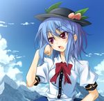  alternate_hairstyle blue_hair blue_sky bow bowtie cloud day food fruit hair_flip hat hinanawi_tenshi looking_away matsuyama_nozomu mountain open_mouth peach red_eyes short_hair short_sleeves sky solo touhou tsurime upper_body 