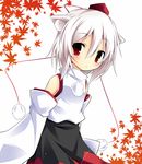  :&lt; animal_ears blush detached_sleeves hat highres hinata_ichi inubashiri_momiji leaf red_eyes short_hair solo tokin_hat touhou white_hair wolf_ears 