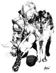  boots breasts cleavage greyscale hair_over_one_eye medium_breasts metal_gear_(series) metal_gear_solid monochrome shinkawa_youji sniper_wolf solo wolf 