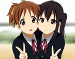  black_hair brown_eyes brown_hair cheek-to-cheek hirasawa_ui k-on! long_hair multiple_girls nakano_azusa neck_ribbon ponytail red_ribbon ribbon school_uniform short_hair smile twintails v yamasaki_wataru 