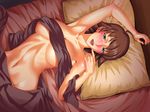  ahoge awakened_miki bed_sheet blush breasts brown_hair green_eyes hoshii_miki idolmaster idolmaster_(classic) large_breasts lying maachin mature naked_sheet nude older short_hair 