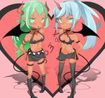 2girls belt blue_hair breasts cleavage cleavage_cutout demon_girl glasses green_eyes green_hair hand_on_hip heart heels high_heels hips horns kneesocks_(character) kneesocks_(psg) long_hair multiple_girls open_mouth panty_&amp;_stocking_with_garterbelt ponytail scanty scanty_(psg) shoes siblings simple_background sisters skirt smile tail thighhighs very_long_hair wings zettai_ryouiki 