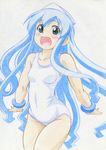  :d bare_shoulders blue_eyes blue_hair blush breasts collarbone colored_pencil_(medium) curvy groin hat highres ikamusume long_hair one-piece_swimsuit open_mouth school_swimsuit shinryaku!_ikamusume small_breasts smile solo swimsuit tentacle_hair thick_thighs thighs traditional_media white_school_swimsuit white_swimsuit wide_hips yotaka 
