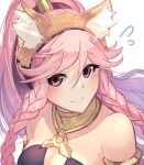  1girl animal_ears bare_shoulders braid breasts cleavage closed_mouth fake_animal_ears fire_emblem fire_emblem:_kakusei fire_emblem_heroes fox_ears highres long_hair nakabayashi_zun nintendo olivia_(fire_emblem) pink_eyes pink_hair ponytail portrait simple_background smile solo twin_braids white_background 