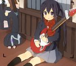  bag black_hair brown_eyes character_request guitar instrument k-on! long_hair md5_mismatch multiple_girls nakano_azusa nasuna scarf school_uniform solo_focus striped striped_scarf twintails 