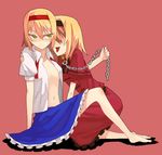  alice_margatroid alternate_color barefoot blonde_hair chain collar dual_persona hair_over_eyes hairband ke-su leash multiple_girls open_clothes open_shirt player_2 selfcest shirt touhou yellow_eyes yuri 