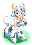  animal_ears bell bell_collar blue_hair blush breasts cleavage collar cow_ears cow_girl cow_print green_eyes holstaurus holstaurus_(mamono_girl_lover) horns large_breasts mamono_girl_lover monster_girl monster_girl_encyclopedia short_hair smile tail 