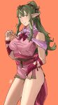  1girl absurdres alternate_costume bracelet breasts cosplay dress english_commentary fire_emblem fire_emblem:_mystery_of_the_emblem fire_emblem_awakening green_eyes green_hair hair_ornament hair_ribbon highres jewelry large_breasts long_hair looking_at_viewer pink_dress pointy_ears ponytail ribbon sakuremi sidelocks simple_background smile solo standing thighs tiara tiki_(adult)_(fire_emblem) tiki_(fire_emblem) tiki_(fire_emblem)_(cosplay) tiki_(young)_(fire_emblem) tiki_(young)_(fire_emblem)_(cosplay) 