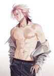  1boy abs bangs black_hair blue_pants collarbone colored_tips cowboy_shot long_sleeves looking_away male_focus multicolored_hair nanatsumori_minoru navel nipples off_shoulder open_clothes open_shirt pants pink_hair profile simple_background solo streaked_hair tmr_tcbn tokimeki_memorial tokimeki_memorial_girl&#039;s_side_4th_heart toned toned_male topless_male twitter_username white_background 