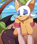  2023 anthro areola bat beach breasts clothed clothing eyeshadow female green_eyes hair kironzen makeup mammal membrane_(anatomy) membranous_wings nipples outside palm_tree plant rouge_the_bat seaside sega solo sonic_the_hedgehog_(series) topless topless_anthro topless_female tree water white_hair wings 