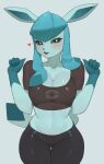  absurd_res anthro big_breasts blue_body blue_eyes blush breasts clothed clothing eeveelution female generation_4_pokemon glaceon hi_res looking_at_viewer nintendo pokemon pokemon_(species) pokemorph solo yawar 
