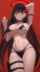  1girl arm_behind_back armpits bangs bikini black_hair blue_archive blush breasts cleavage collarbone dea hair_ornament hairclip halo highres holding holster large_breasts long_hair looking_at_viewer navel red_background red_eyes rio_(blue_archive) solo swimsuit thigh_holster very_long_hair 