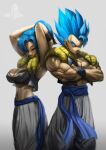  1boy 1girl absurdres armpits arms_behind_head arms_up back-to-back baggy_pants black_hair blue_eyes blue_hair blue_sash breasts bulchi bulma chi-chi_(dragon_ball) cleavage closed_eyes covered_nipples crossed_arms dragon_ball dragon_ball_super elite_nappa fusion gogeta highres large_breasts looking_at_another metamoran_vest multicolored_hair muscular muscular_female muscular_male navel pants parted_lips ponytail sash spiked_hair standing super_saiyan super_saiyan_blue two-tone_hair vest white_pants 