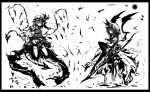  2girls acryl bangs closed_mouth commentary_request demon_wings dress expressionless flandre_scarlet full_body greyscale hair_between_eyes hat hat_ribbon highres laevatein_(touhou) long_hair looking_at_viewer looking_to_the_side medium_hair mob_cap monochrome multiple_girls one_side_up pantyhose puffy_short_sleeves puffy_sleeves remilia_scarlet ribbon shoes short_sleeves siblings sisters spear_the_gungnir thighhighs touhou wings 