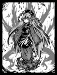  1girl acryl bangs border breasts closed_mouth commentary_request crescent dress fire full_body greyscale junko_(touhou) long_dress long_hair looking_at_viewer medium_breasts monochrome phoenix_crown sleeves_past_wrists smile solo standing tabard touhou very_long_hair 