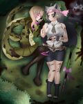  2girls absurdres african_rock_python_(kemono_friends) after_battle animal_ears antenna_hair bangs bare_arms bare_shoulders bear_ears bear_paw_hammer bike_shorts bike_shorts_under_skirt black_hair bleeding blonde_hair blood blood_from_mouth blood_on_clothes blood_on_face blood_on_hands blood_on_weapon boots bruise closed_eyes closed_mouth crying crying_with_eyes_open cuffs cuts extra_ears ezo_brown_bear_(kemono_friends) facing_another from_above full_body furrowed_brow gloves grass grey_hair half-closed_eye headband highres holding_hands hood hood_down hooded_jacket injury jacket kemono_friends long_hair long_sleeves long_tail lying microskirt miniskirt multicolored_hair multiple_girls nanoder nosebleed on_back on_ground on_side one_eye_closed outdoors pantyhose pink_hair pleated_skirt print_jacket scratches shirt skirt sleeveless sleeveless_shirt smile snake_print snake_tail tail tears thigh_boots thigh_gap toeless_footwear torn_clothes two-tone_hair very_long_hair weapon 