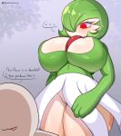  ambiguous_gender big_breasts blush breasts clothing dress duo ellipsis english_text exclamation_point female gardevoir generation_3_pokemon green_hair hair hair_over_eye hi_res huge_breasts huge_thighs human humanoid mammal nintendo one_eye_obstructed pokemon pokemon_(species) red_eyes startop text thick_thighs tongue tongue_out white_body wide_hips 